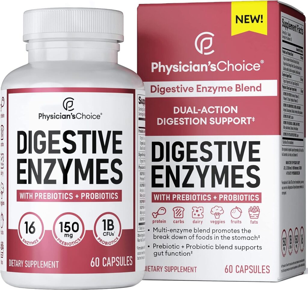 Physicians CHOICE Digestive Enzymes - Multi Enzymes, Organic Prebiotics  Probiotics for Digestive Health  Gut Health - for Meal Time Discomfort Relief - Dual Action Approach W/Bromelain - 60 CT