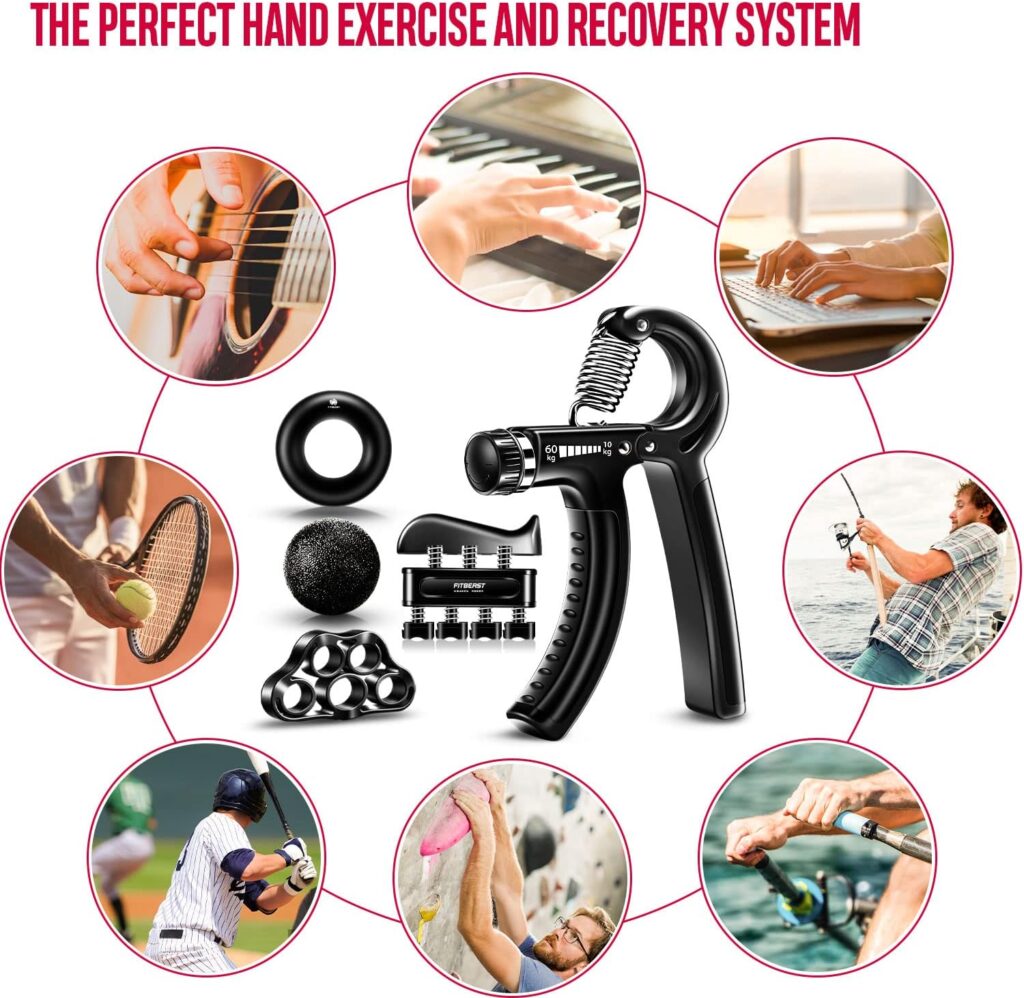 FitBeast Hand Grip Strengthener Workout Kit (5 Pack) Forearm Grip Adjustable Resistance Hand Gripper, Finger Exerciser, Finger Stretcher, Grip Ring  Stress Relief Grip Ball for Athletes