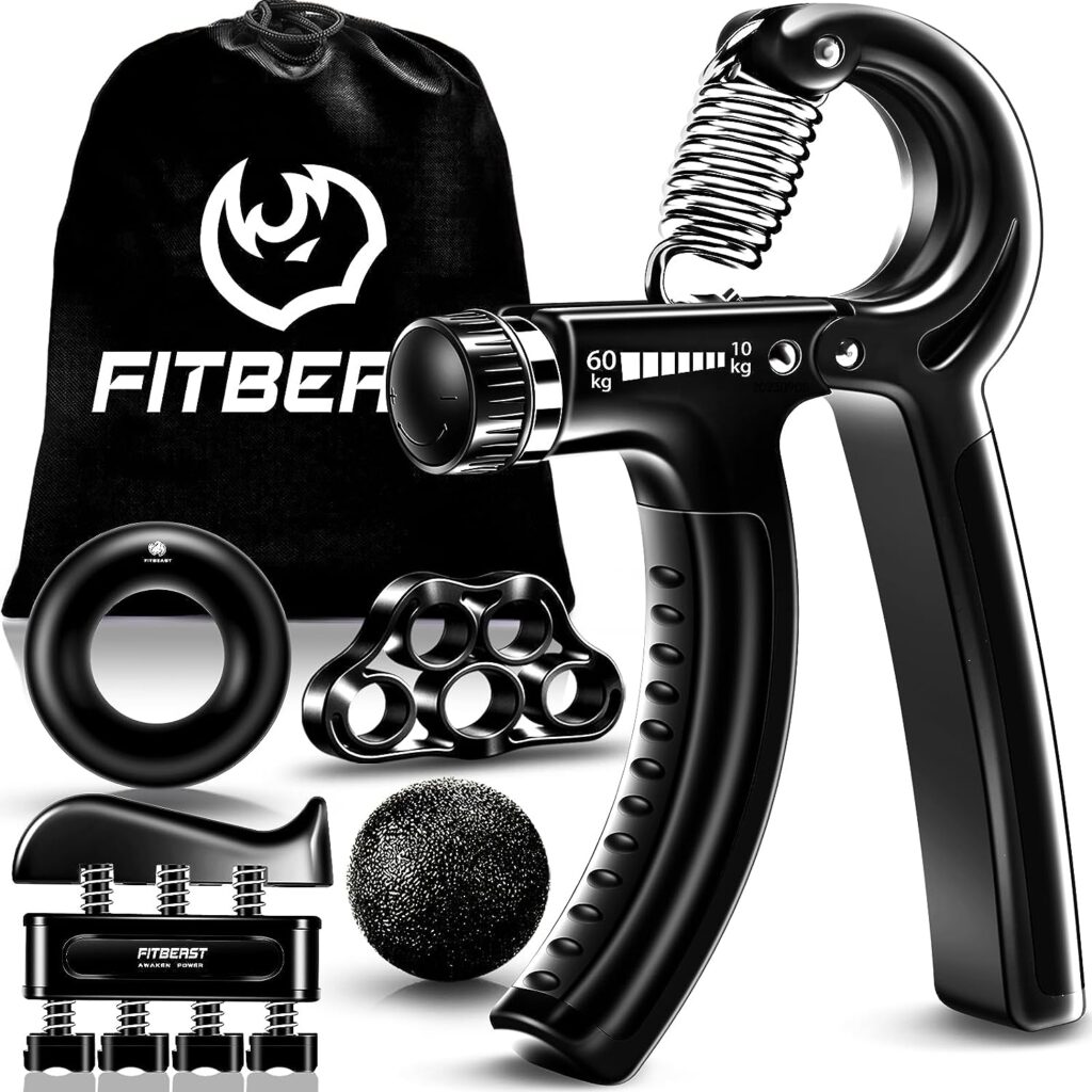 FitBeast Hand Grip Strengthener Workout Kit (5 Pack) Forearm Grip Adjustable Resistance Hand Gripper, Finger Exerciser, Finger Stretcher, Grip Ring  Stress Relief Grip Ball for Athletes