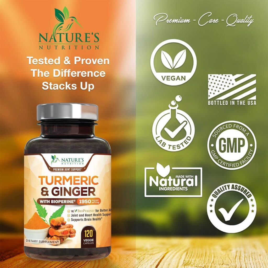 Turmeric Curcumin with BioPerine  Ginger 95% Standardized Curcuminoids 1950mg - Black Pepper for Max Absorption, Natural Joint Support, Natures Tumeric Extract Supplement Non-GMO - 120 Capsules