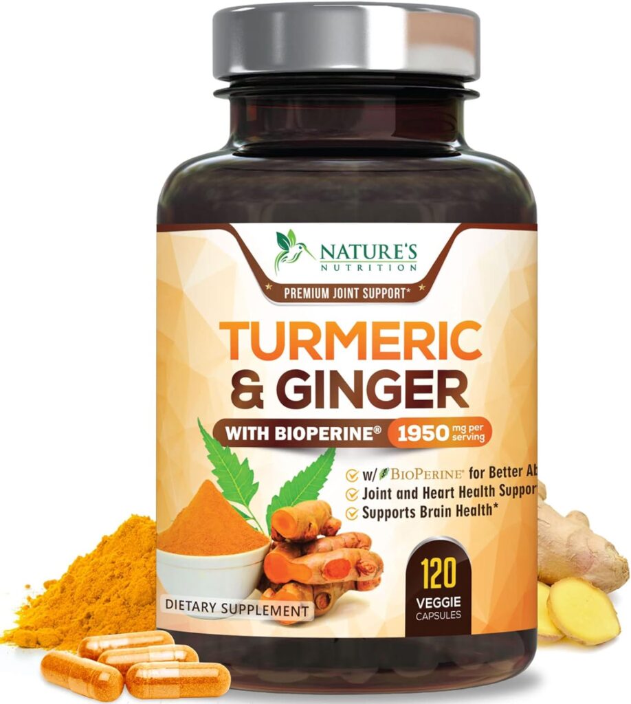Turmeric Curcumin with BioPerine  Ginger 95% Standardized Curcuminoids 1950mg - Black Pepper for Max Absorption, Natural Joint Support, Natures Tumeric Extract Supplement Non-GMO - 120 Capsules