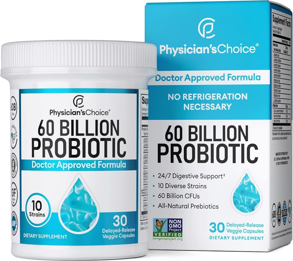 Physicians CHOICE Probiotics 60 Billion CFU - 10 Strains + Organic Prebiotics - Digestive  Gut Health - Supports Occasional Constipation, Diarrhea, Gas  Bloating - Probiotics For Women  Men - 30ct